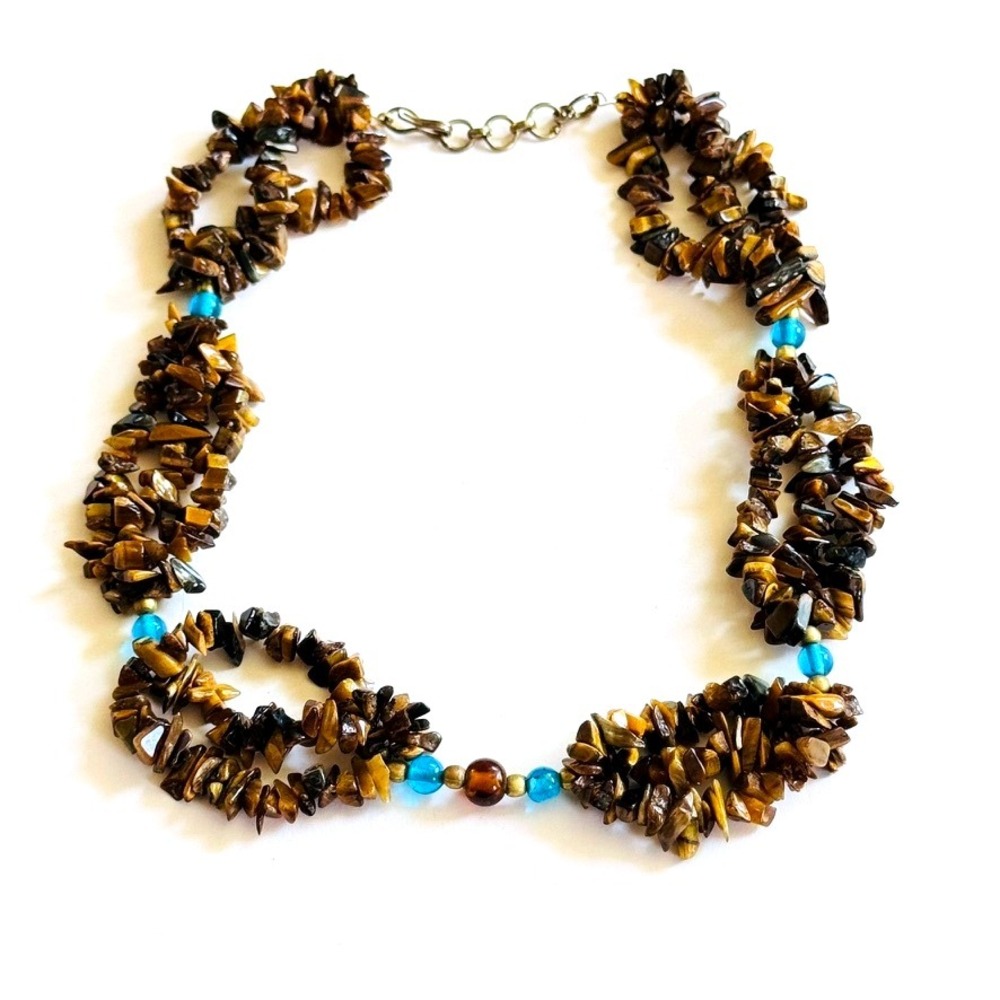 70s choker Tigers Eye Necklace VtG beaded rare estate Genuine stone Natural 16"